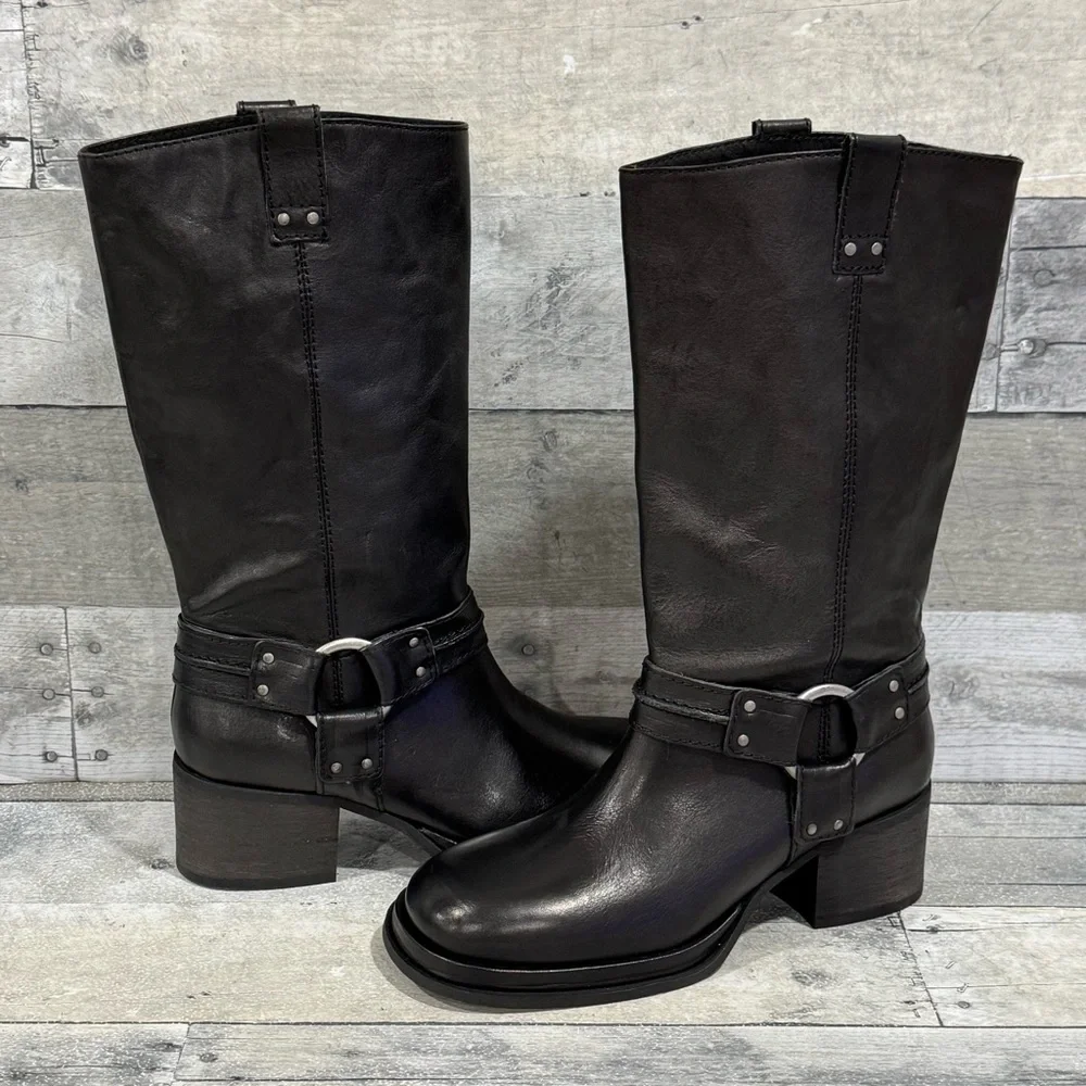 free people Anok Harness Moto Boots in Black Distressed Leather - Sz - 7.5 - Picture 1 of 13